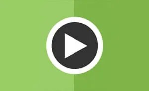White play button icon on dark circle with green background