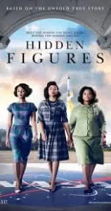 Movie poster showing three women in 1960s attire standing in front of a building with the title Hidden Figures