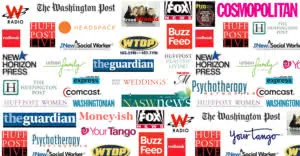 Collage of media and publication logos including Washington Post, Huffington Post, Guardian, Cosmopolitan, and Comcast