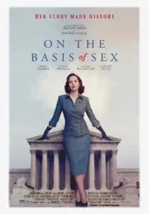 Movie poster for 'On the Basis of Sex' featuring a woman in a blue suit standing in front of the Supreme Court building