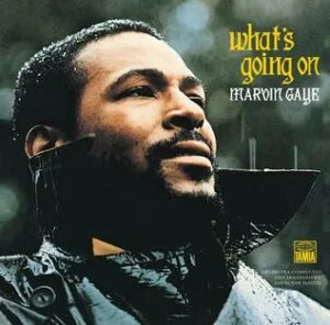 Album cover featuring a man with beard looking upward, text reading "What's Going On" and "Marvin Gaye"