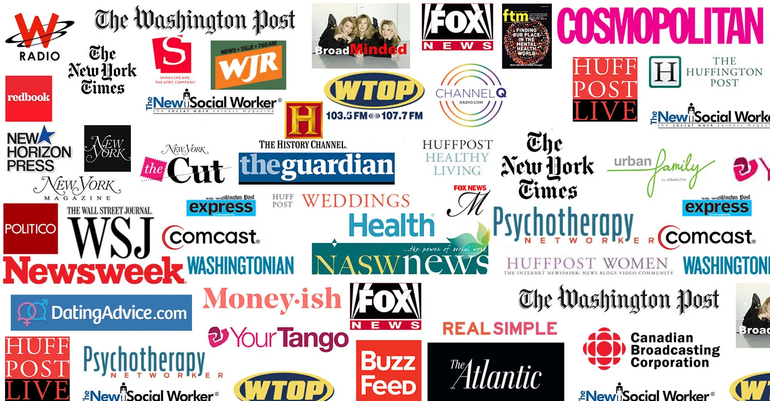 Collage of major media and news publication logos including Washington Post, New York Times, Wall Street Journal, Huffington Post, Cosmopolitan, and others.