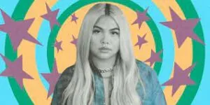 Woman with long straight hair against colorful circular background with stars and geometric shapes