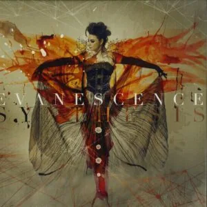 Artistic illustration of a woman with large black wings and flowing red dress against abstract orange and geometric background