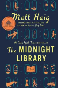 Book cover for "The Midnight Library" by Matt Haig, featuring orange and teal illustrated icons on a dark blue background