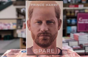 Book cover titled 'Spare' by Prince Harry displayed in a bookstore