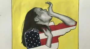 Person with dark hair wearing American flag-patterned clothing against yellow background, head tilted back with hand raised