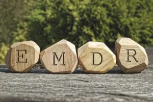 Four wooden blocks engraved with letters E, M, D, R arranged on a surface with evergreen trees blurred in background