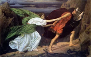 Classical painting depicting two figures in a rocky landscape; one wearing green drapery reaches toward another in red garments holding a stringed instrument