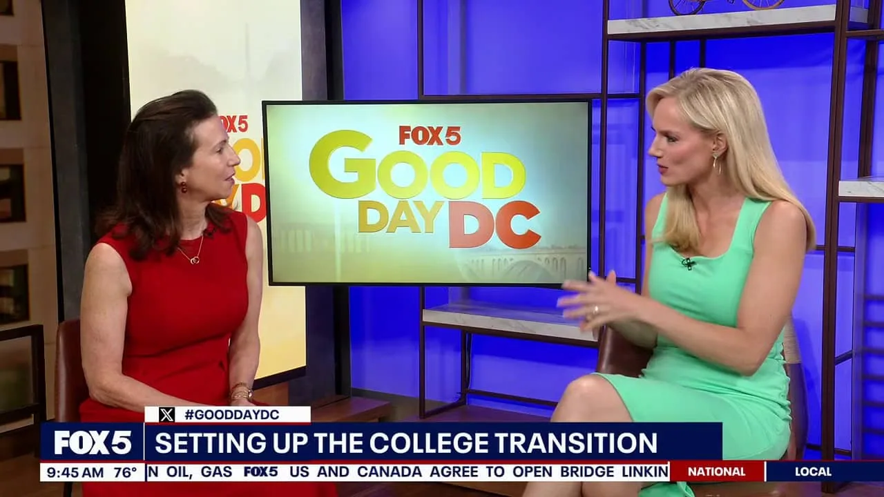 Two women on a TV talk show set discussing college transition, with FOX5 Good Day DC branding visible on monitor behind them